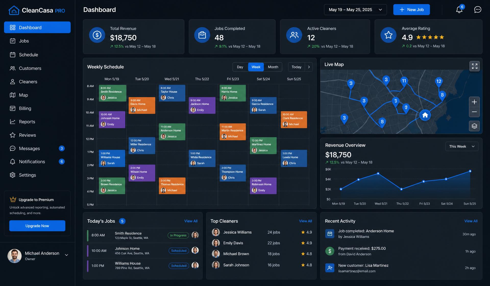 CleanWise dashboard showing weekly cleaning schedule, live crew map and revenue overview